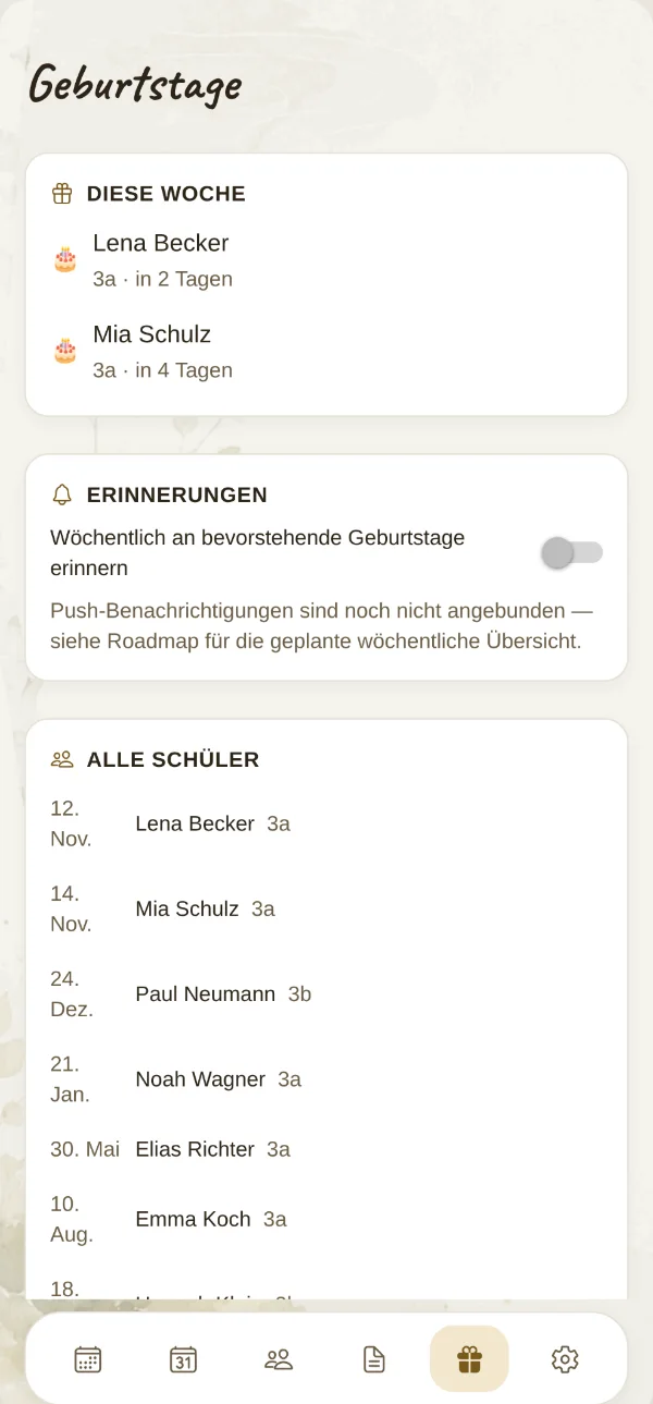 Die Geburtstagsliste auf dem iPhone.