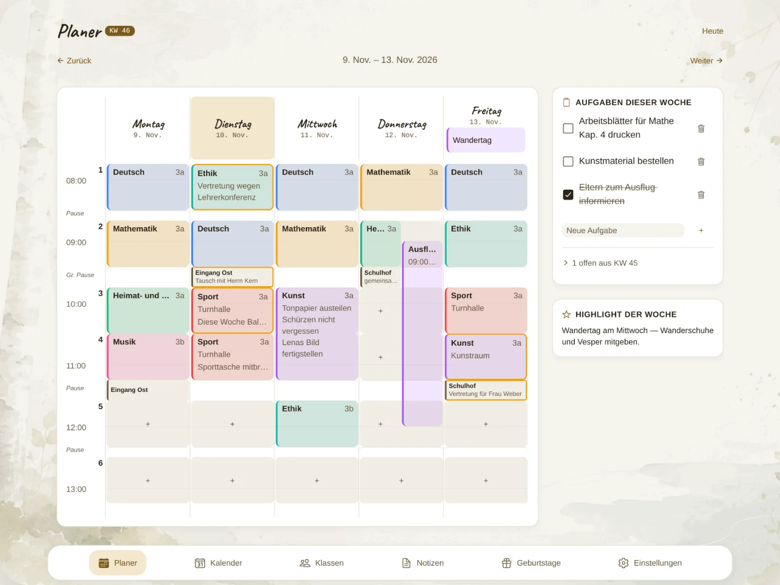Der Wochenplaner auf dem iPad: Stundenplan, Termine und Notizen auf einer Zeitachse, daneben die Aufgaben der Woche.